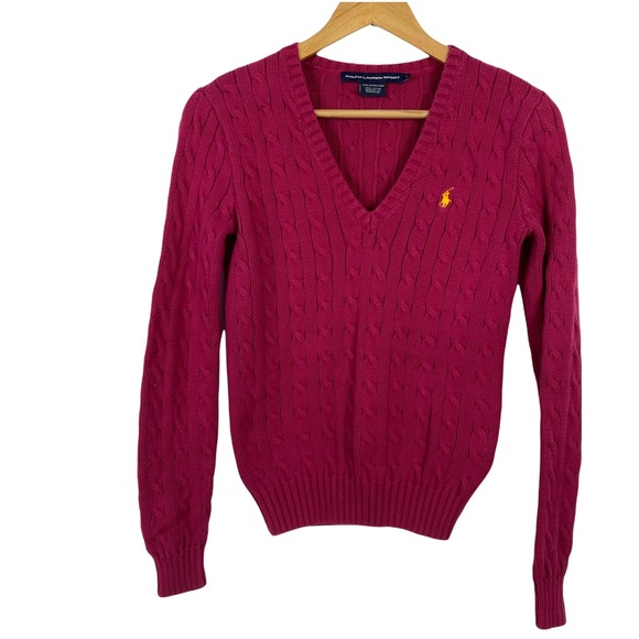 ralph lauren sport Sweaters - Ralph Lauren Sport Blue Label V-neck sweater fuchsia pink cable knit sweater